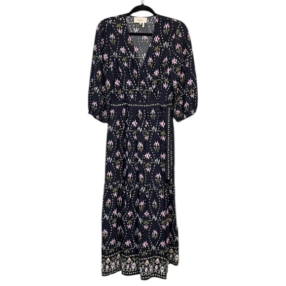 NWT Ba&sh Nerla Dress Bleu Nuit Midnight Navy Blue Ikat Wrap Midi Maxi Dress - Picture 11 of 13